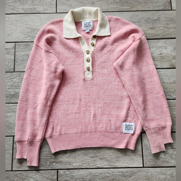 BDG Renna Long Sleeve Rugby Sweater Large Pink Oversized Preppy Collared Cotton - Picture 2 of 14